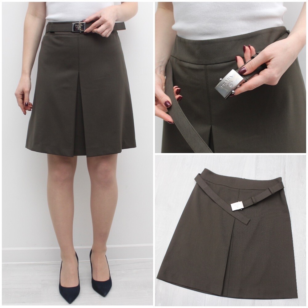 Women's PRADA Wool Belted Logo Skirt RARE Size 46 ~S Olive | eBay