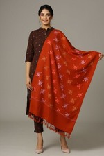 Crewel Embroidered, Wool Orange Shawl Pink  Purple Embroidery Ari Kashmir Stole