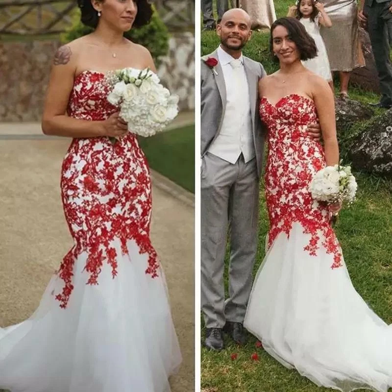 Gothic Wedding Dresses Mermaid Strapless White Red Lace Appliques Bridal Gowns