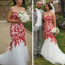 Beach Mermaid Wedding Dresses Strapless Lace Appliques White Red Bridal Gowns