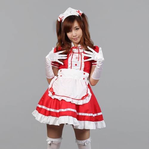 Women Maid Dress Striped Ruffle Apron Lolita Waitress Costume Japanese Cosplay - Picture 2 of 18