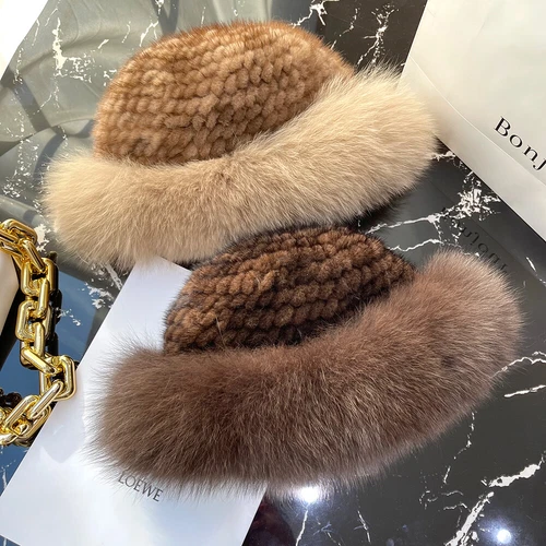 Cappello donna vera pelliccia di visone secchiello berretto caldo lavorato a maglia invernale con orlo pelliccia di volpe - Foto 6 di 31