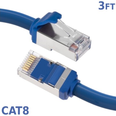3FT Ethernet LAN Network Cat8 RJ45 S/FTP Cable Shielded Cord 28AWG 2GHz Blue