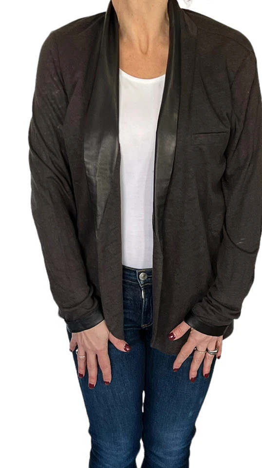 MAJESTIC FILATURES MARRÓN LINO CUERO GENUINO RIBETE ABIERTO CÁRDIGAN SUÉTER 3 L Foto 2 de 4