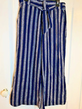 NWOT Indigo Rein Linen Rayon Blue Striped Wide Leg Pants Ankle Slits Size L