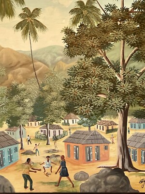 EDDY JACQUES OLD HAITIAN LANDSCAPE OIL PAINTING VINTAGE HAITI FOLK