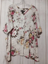 Jacque and Koko Shirt Ladies Plus 22 Cream Yellow Pink Floral Button Front Semi