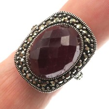 Large Sterling Silver 10ct Natural Red Ruby and Marcasite Ring Size 5.75