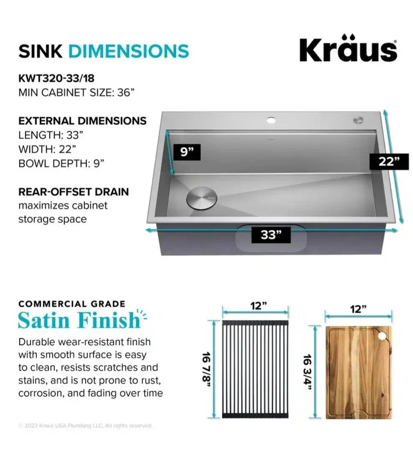 KRAUS LOFTEN PRO 33 in. DROP IN UNDERMOUNT SINGLE BOWL KITCHEN WORKSTATION SINK