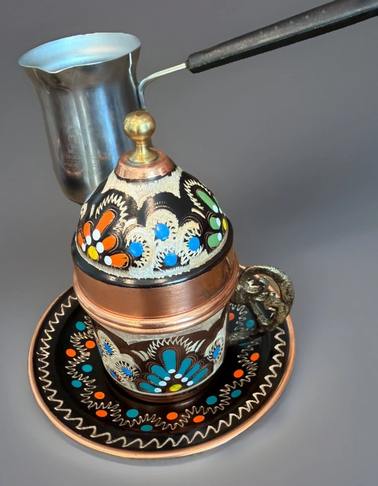 Traditional Turkish Coffee Set Hand-Painted With Cups, Saucers, Pot, And Dish - Image 4 of 4