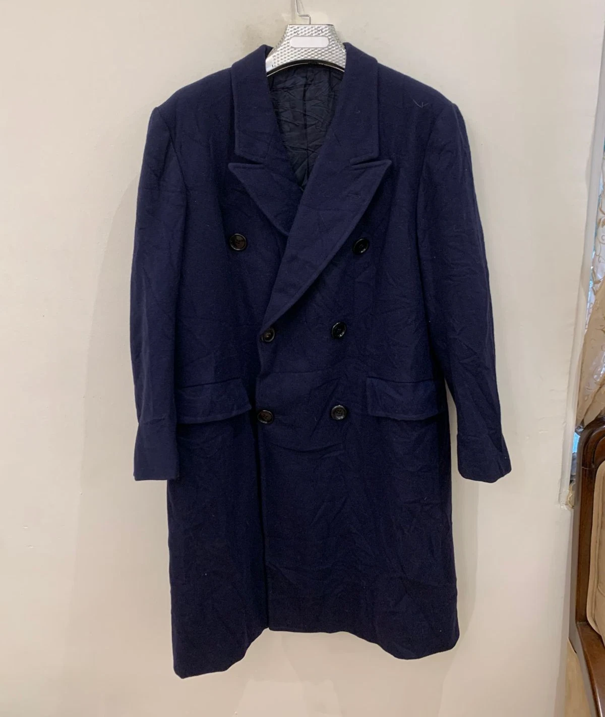 1980s Vintage classic Pure woollen Wool db gangster Navy over coat 44R