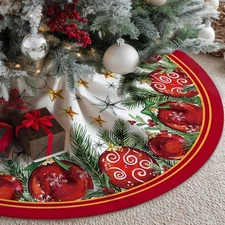 Crowned Beauty Christmas Tree Skirt Collar 48 Inch Red Balls Soft Farmhouse Holi