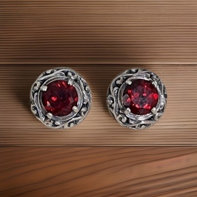 Artisan Crafted Scroll Design Stud Push Back Earrings Sterling Silver&Garnet