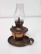 Small Vintage Copper Oil Lamp, Finger Loop, Glass Shade - untested