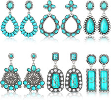 6 Pairs Western Cowgirl Earrings Bohemian Teardrop Dangle Aztec Turquoise Earrin