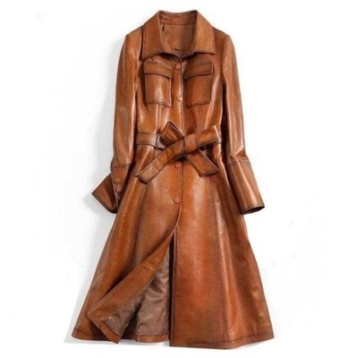 Women's Trench Coat Tan Brown   Leather Jacket - Real Sheepskin Leather Overcoat