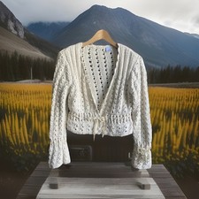 Ivory Cream Granny Core Chunky Knit Cardigan Open Front Hippie Boho Cottagecore