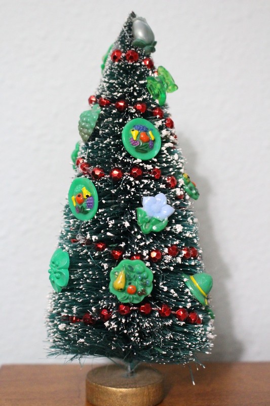 Vintage Bottle Brush Christmas Tree Assemblage Antique Buttons & Garland OOAK