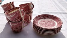 12 Teile PALISSY England THAMES RIVER SCENES in rot - Espresso / Mocca Service 1