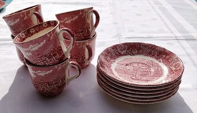 12 Teile PALISSY England THAMES RIVER SCENES in rot - Espresso / Mocca Service 1
