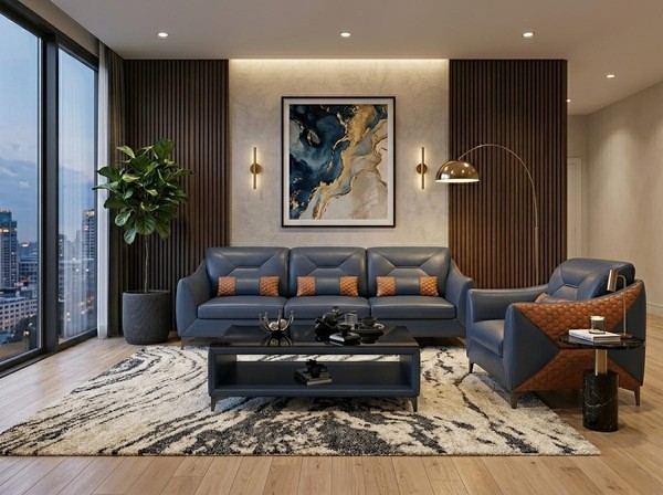 Leder Sofa Set 3+1 Modern Blau Couch Design Komfort Polstergarnitur *-image