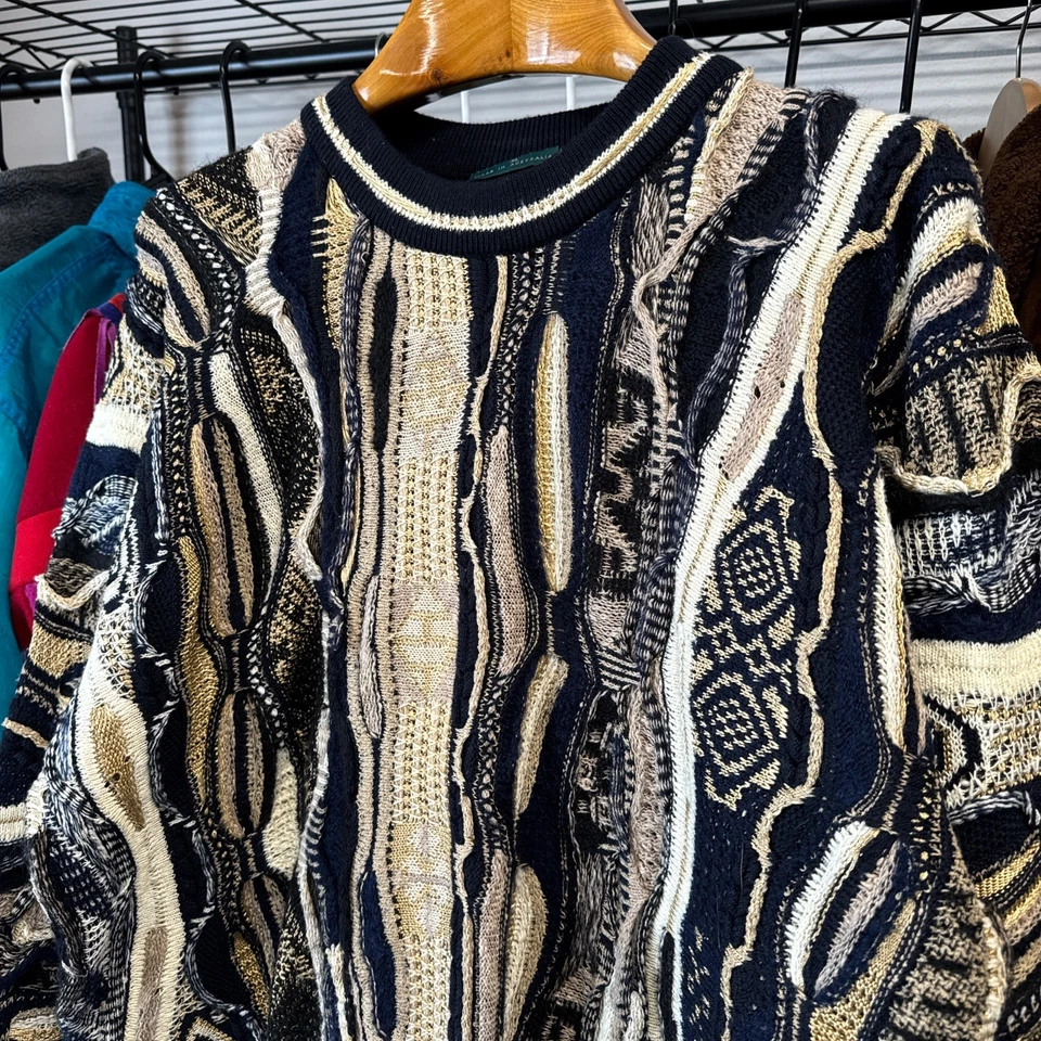 Vintage 90’s COOGI 3D Knit Sweater Black Gold Earth Tones Australia Sz XL - Image 2 of 4