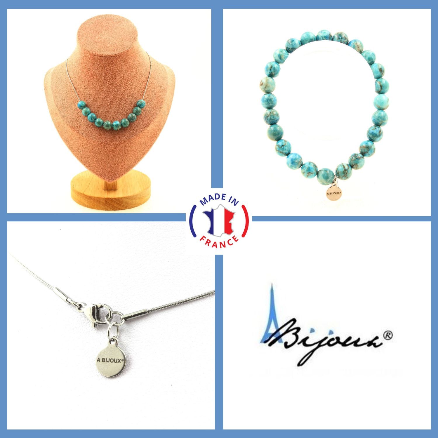 Parure bijoux turquoise d'Afrique collier et bracelet 10 perles 8mm bleues pour femme