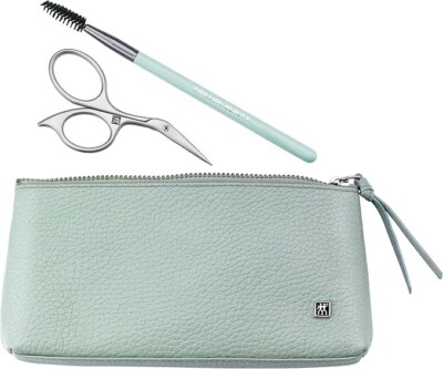 New Zwilling Twinox Eyebrow Set Stainless Scissors & Spoolie Green Leather Case
