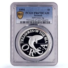 Sealand 1 dollar Sea Treasures Orca Whale Fauna X#9 PR67 PCGS silver coin 1994