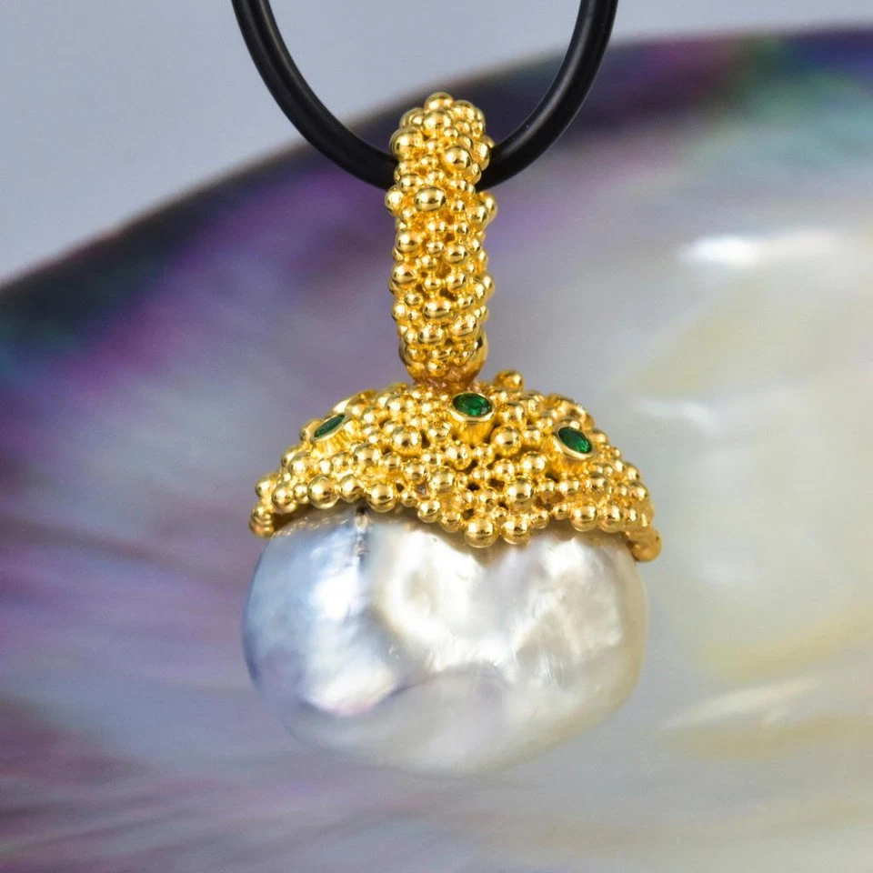 Gigantische South Sea Pearl Pendant Gold Vermeil Sterling, Diamant & Smaragd - Bild 2 von 4