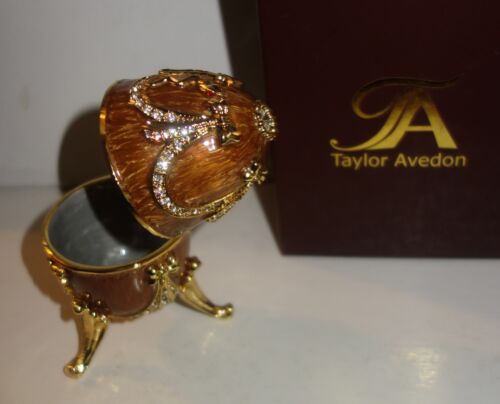 Taylor Avedon brown gold Enameled Crystal Accented EGG Music Trinket Box - New - Foto 1 di 5