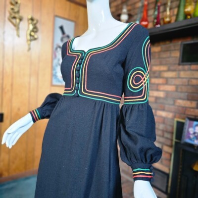 Vtg 60s Mod Youthquake British Invasion Bishop Sleeve Wool Maxi Party Dress  XS/S - Main Image