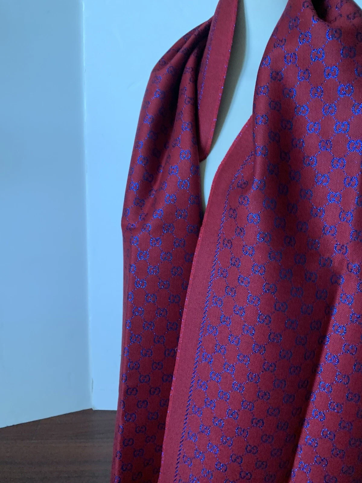 Écharpe multi logo Gucci neuve rouge et bleu Lurex 