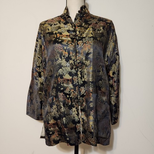 Vintage MCM 50s Black Silk Asian Tunic Jacket Top SZ L Blossoms Pagoda China