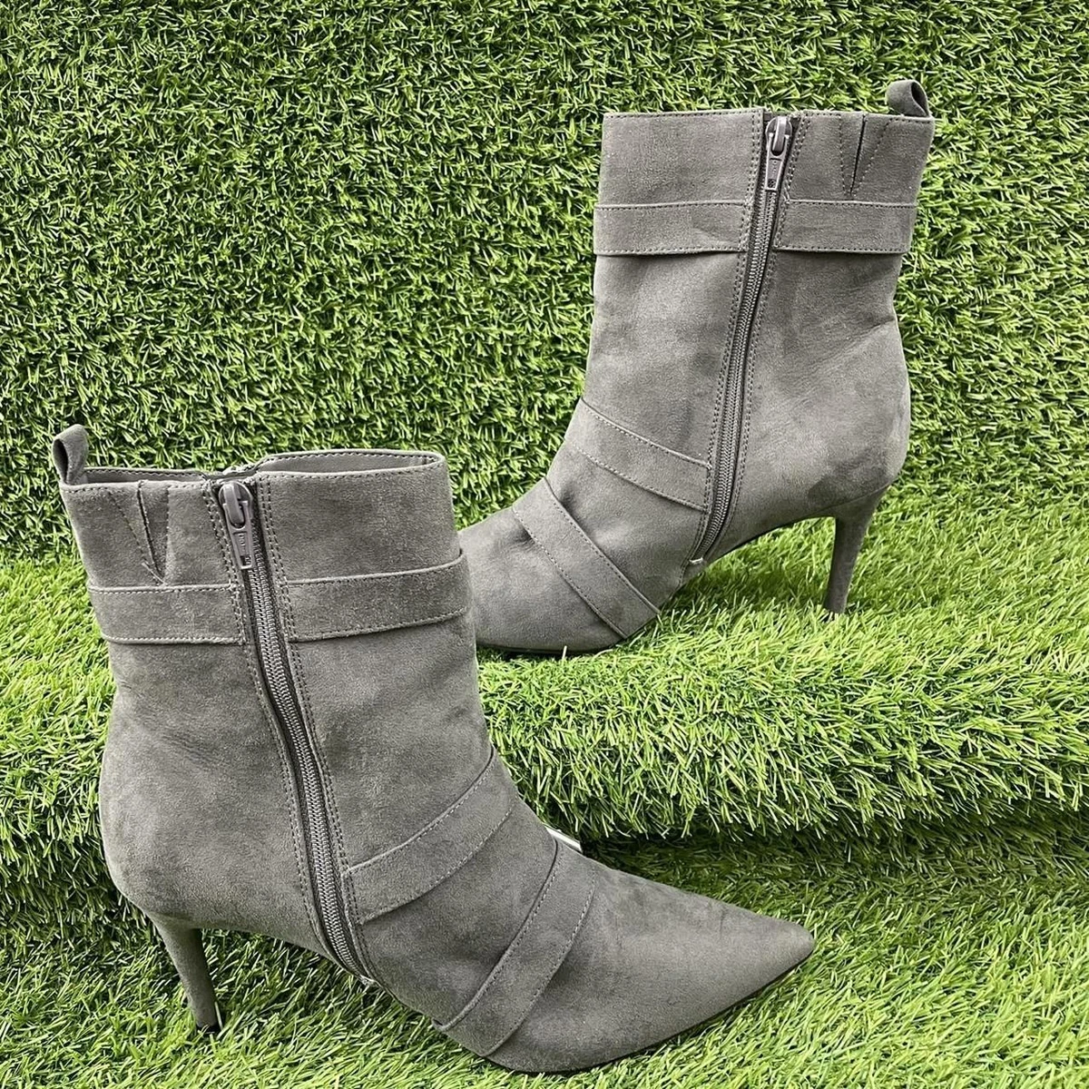 Grey mid calf clearance high heel boots