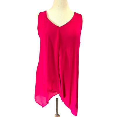 August Silk Top Women Large Fuchsia Sleeveless Multi Fabric High Low Summer