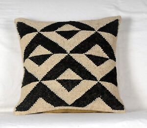 Hand Woven Wool Jute Kilim 18x18 Cushion Cover Indian Vintage Pillows Boho 1133