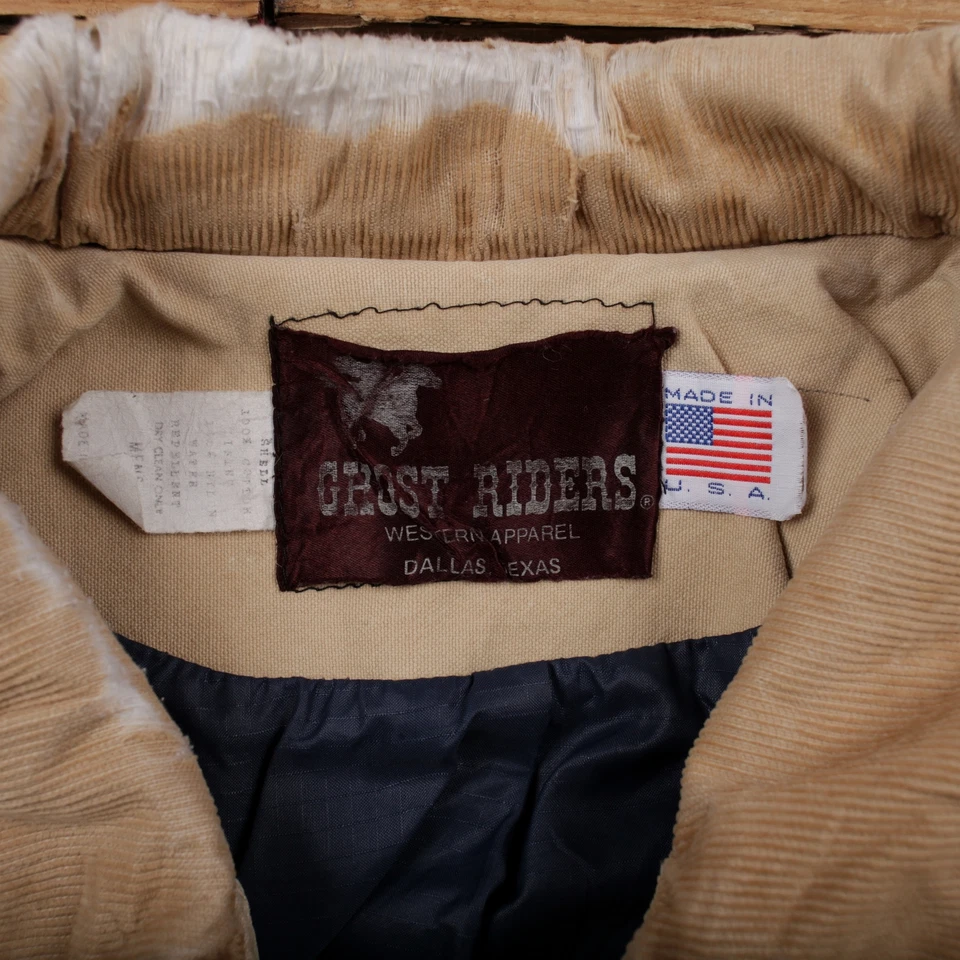 Vintage Ghost Riders Workwear Jacket L 80s Chore Western USA Made Beige - Image 3 of 4