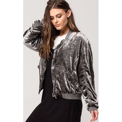 Free People Ruched Velvet Bomber Jacket Gray 'Deep Navy' Zip Up Shirred OB545335