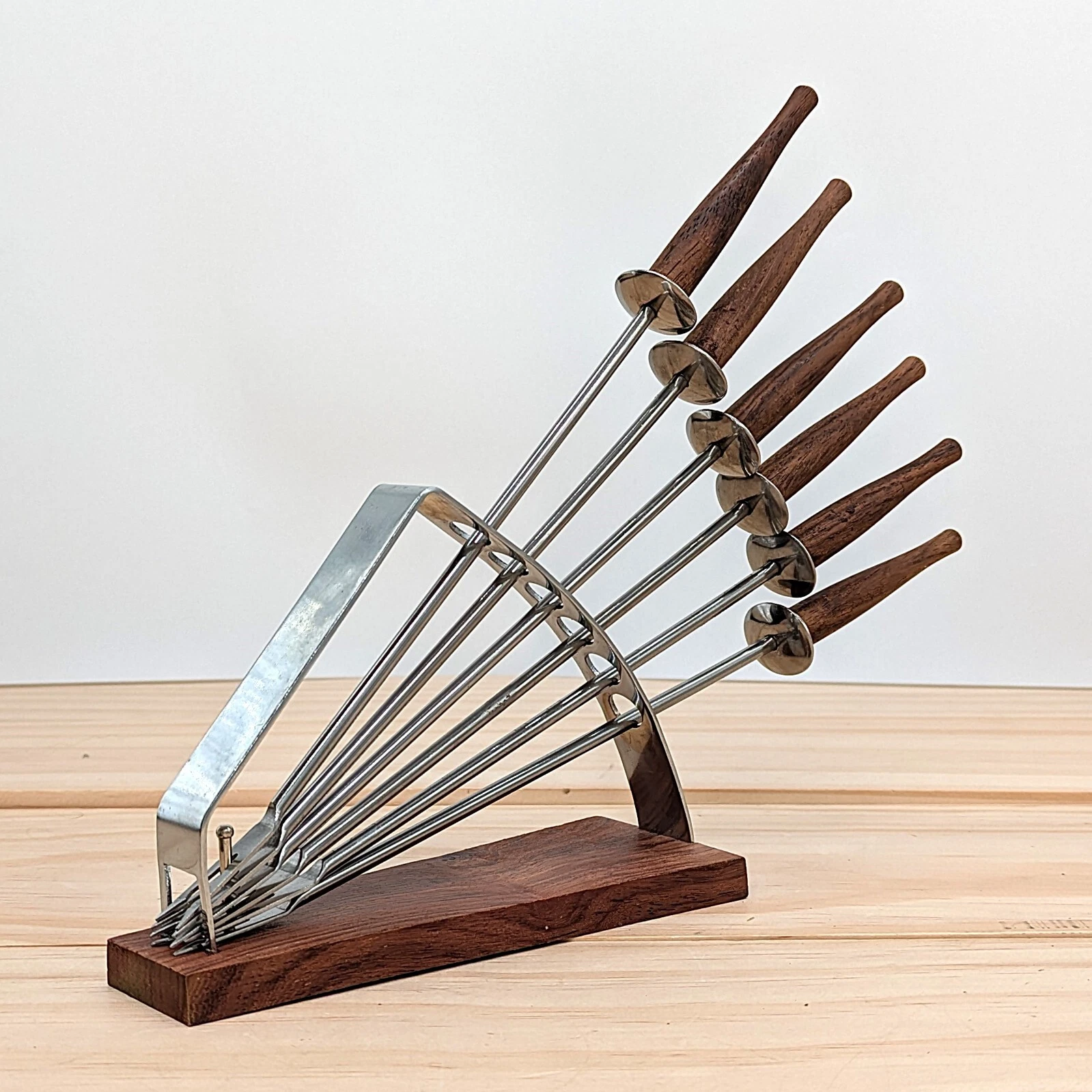 Vintage Gourmet Int'l Fondue Set 6 Forks Angular Stand Teak MCM 1960s Retro