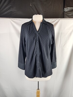 Avenue Button Down Shirt 14/16 Black Stretch Collared Stitch Pattern Minimalist