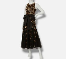 Adrianna Papell Women's Black Gold Beaded Mesh Sleeveless Godet Dress Size 18
