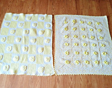 Set of Two Yellow White Knitted Baby Blankets w/Crocheted Flowers-30"x37" each