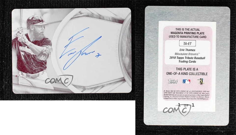 2018 Topps Tribute Printing Plate Magenta 1/1 Eric Thames #TA-ET Auto ow6 - Image 3 of 3