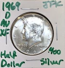 1969 D Kennedy Silver Half Dollar About Uncirculated Denver 40% Silver - 26C
