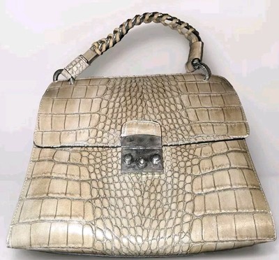 Claudia Firenze Croc Embossed Leather Cream Colored Purse/Bag Made In Italy