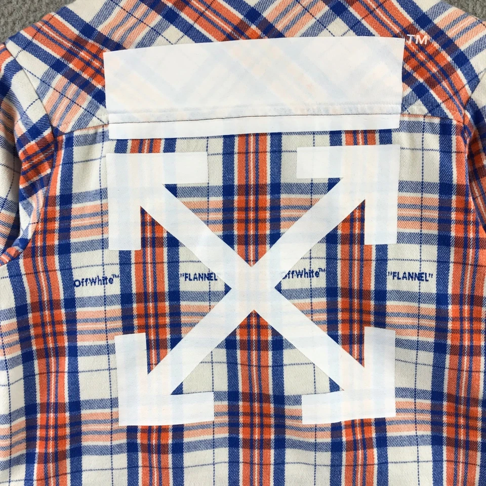 Off White Kids Flannel Shirt Plaid Orange Blue White Logo Arrows Size 10 - Image 3 of 4