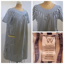 vtg 60s 70s Blue White Stripe House Lounge Dress Muu Muu Caftan M USA Hippie EUC