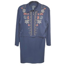 Carole Little Womens Sweater Dress Size large Vintage navy Embroidered Midi Wool