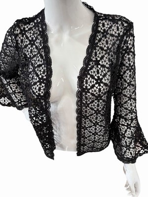  Women s NWOT Nina Leonard Black Crochet Floral Lace Pattern Cardigan Size XS